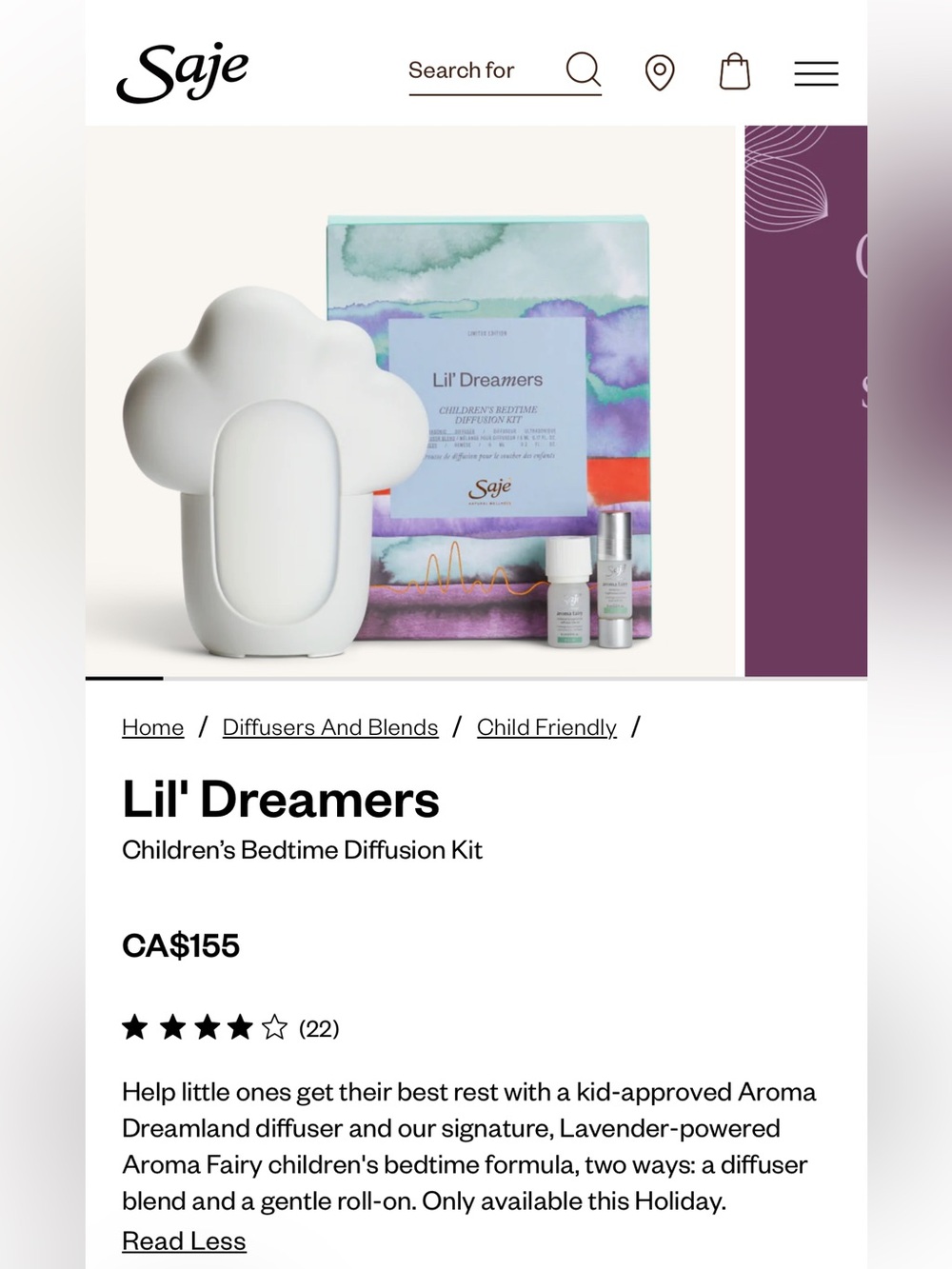 BNIB Saje Lil' Dreamers Children's Bedtime Diffusion Kit ☁️